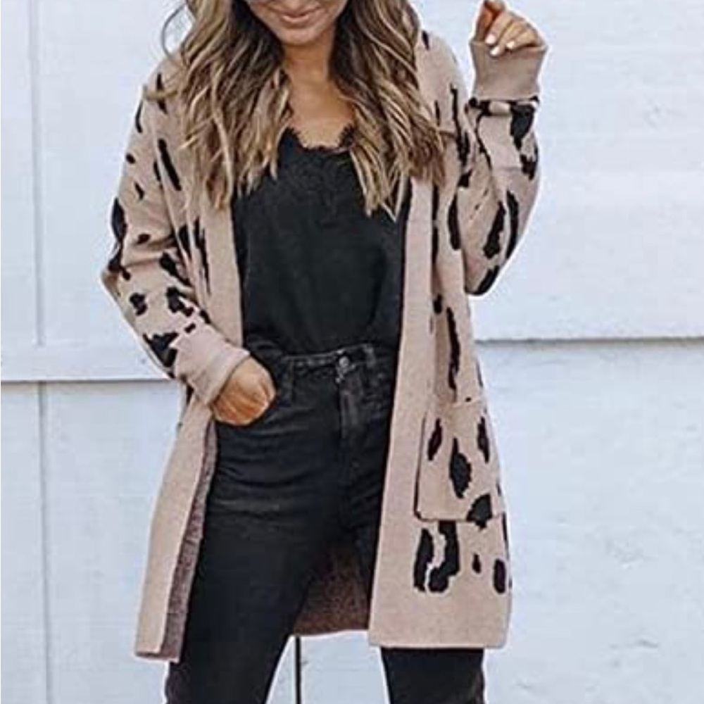 Women's Long Sleeve Open Front Leopard Print Knitted Sweater